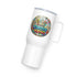 Travel mug with a handle featuring the design &