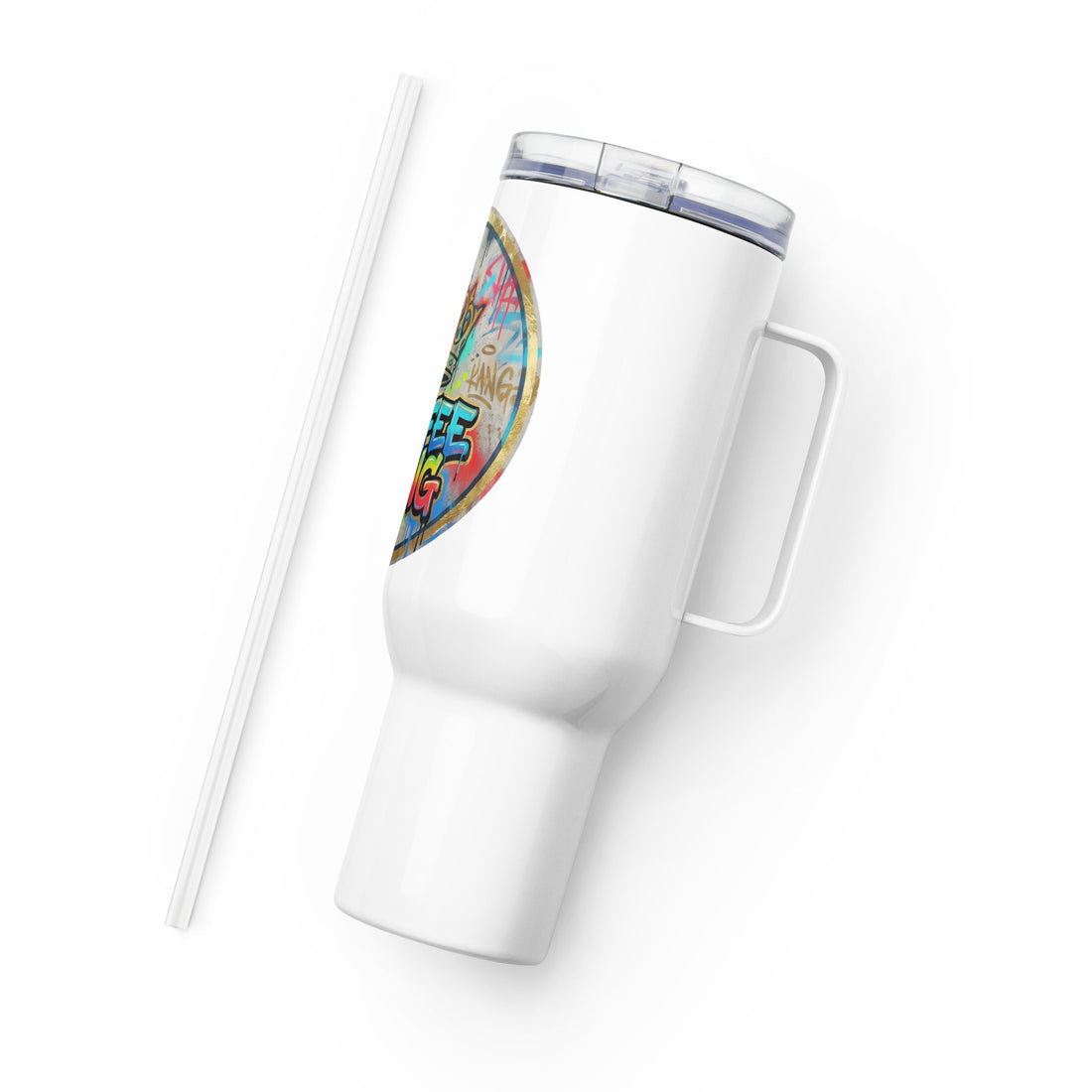 Travel mug with a handle featuring a colorful design, white exterior, and a spill-proof lid.