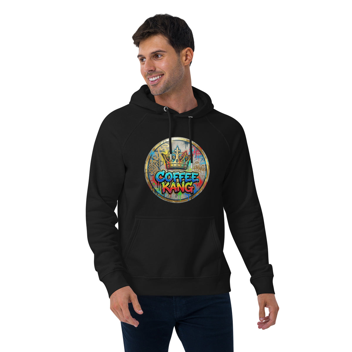 unisex eco hoodie model wearing black hoodie with colorful Coffee Kang design