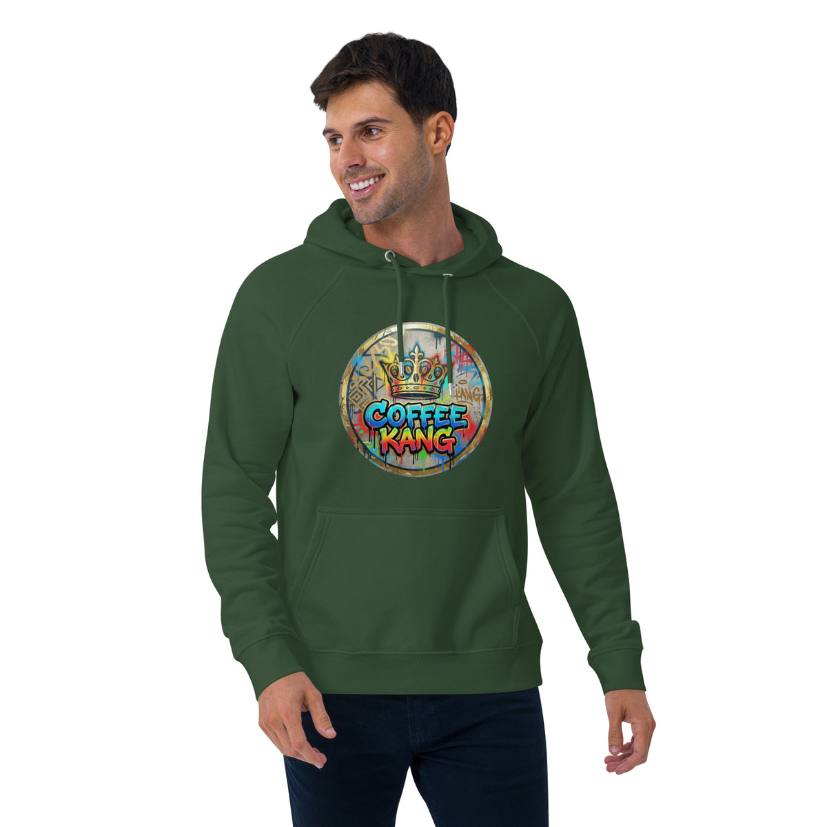 Unisex eco hoodie in forest green with colorful &