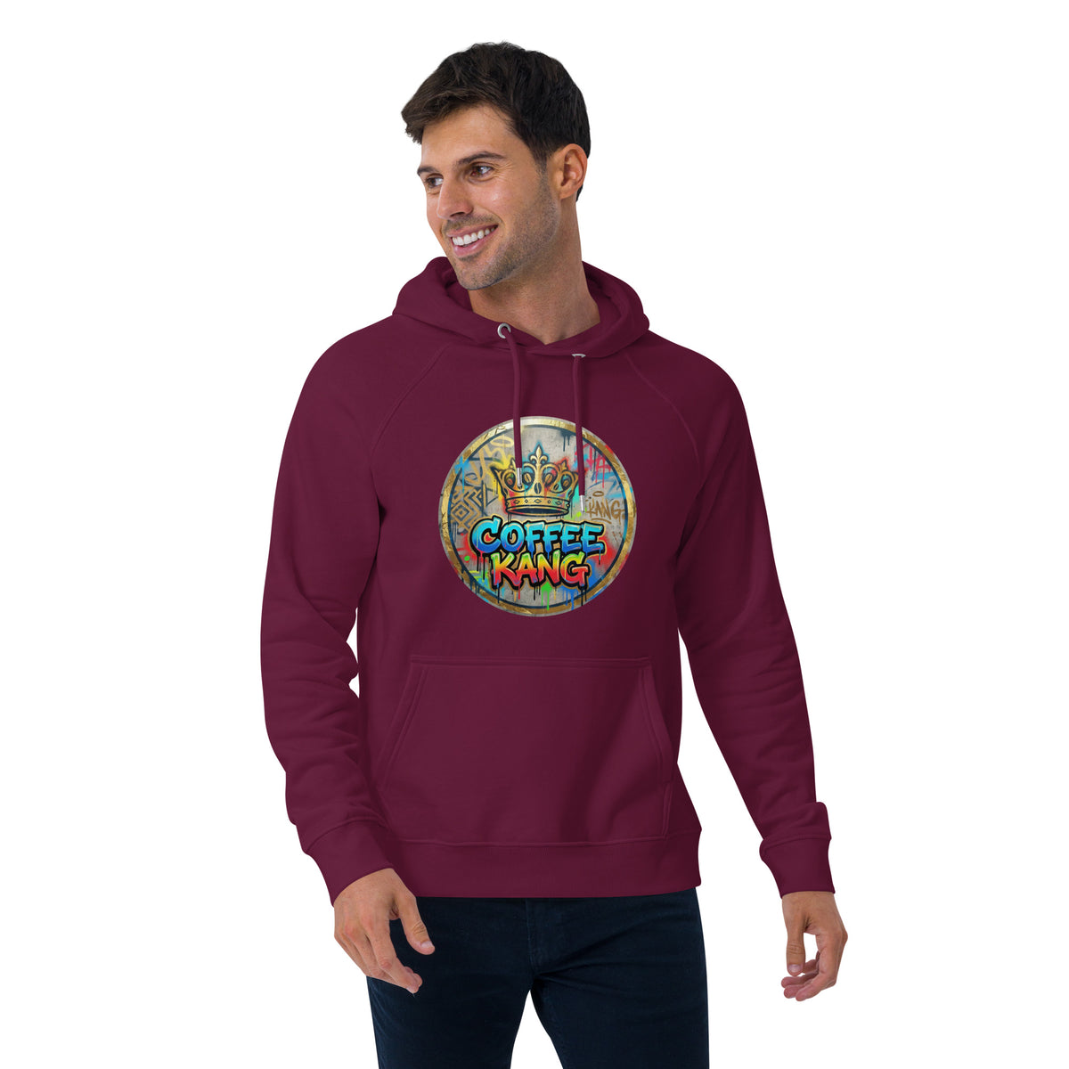 A model wearing a maroon unisex eco hoodie with a colorful Coffee Kang design on the front.