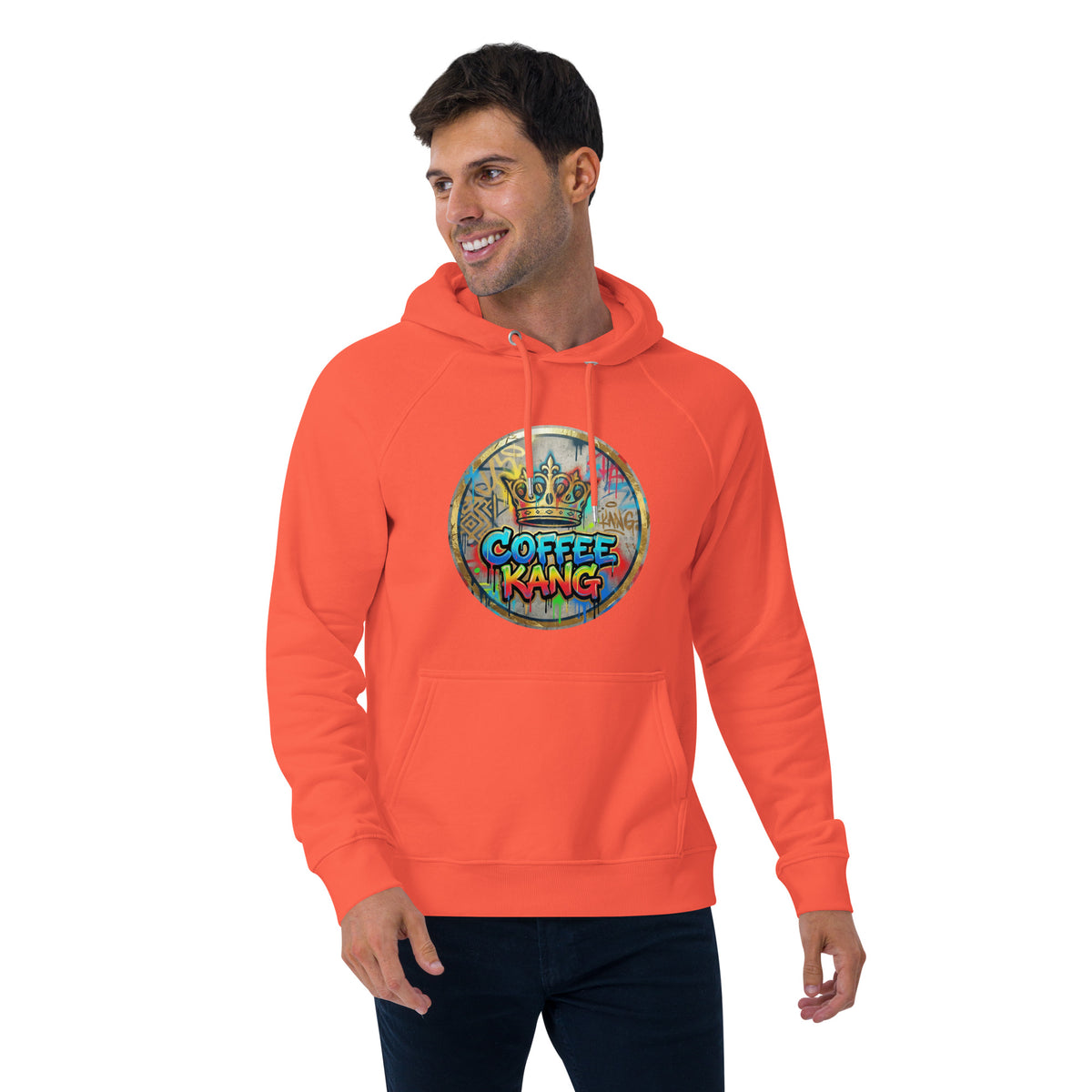 Man wearing a bright orange unisex eco hoodie with &