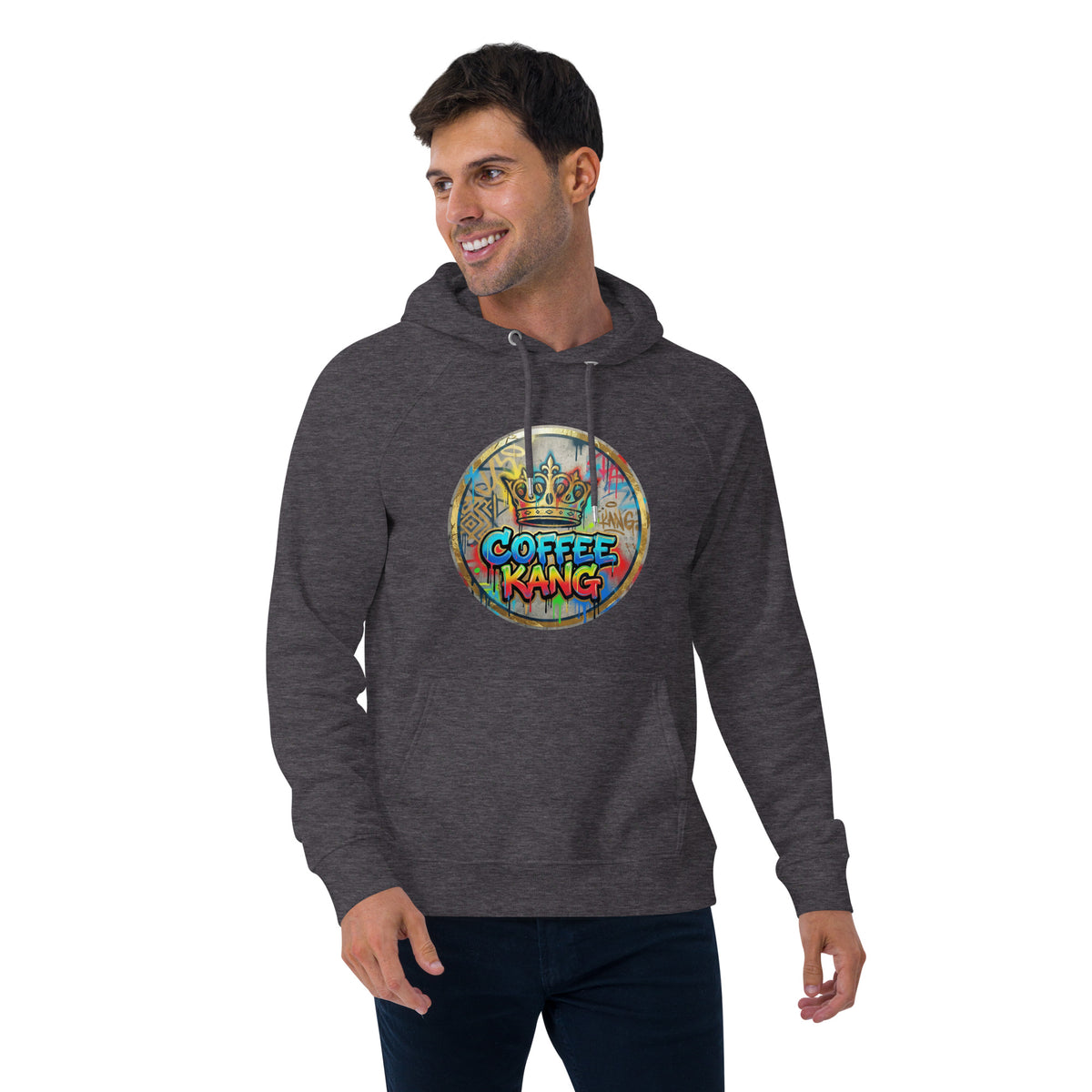 Man wearing a unisex eco hoodie with a colorful Coffee Kang graphic design.