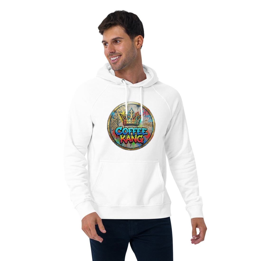 Unisex eco hoodie with colorful coffee-themed graphic design worn by a smiling man.