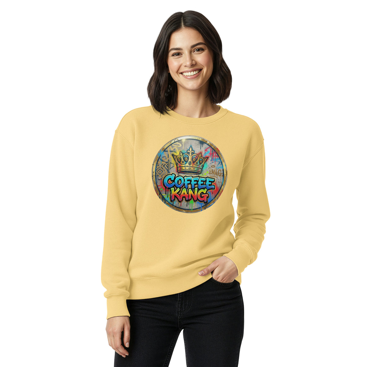 Unisex garment-dyed sweatshirt in yellow featuring a colorful &