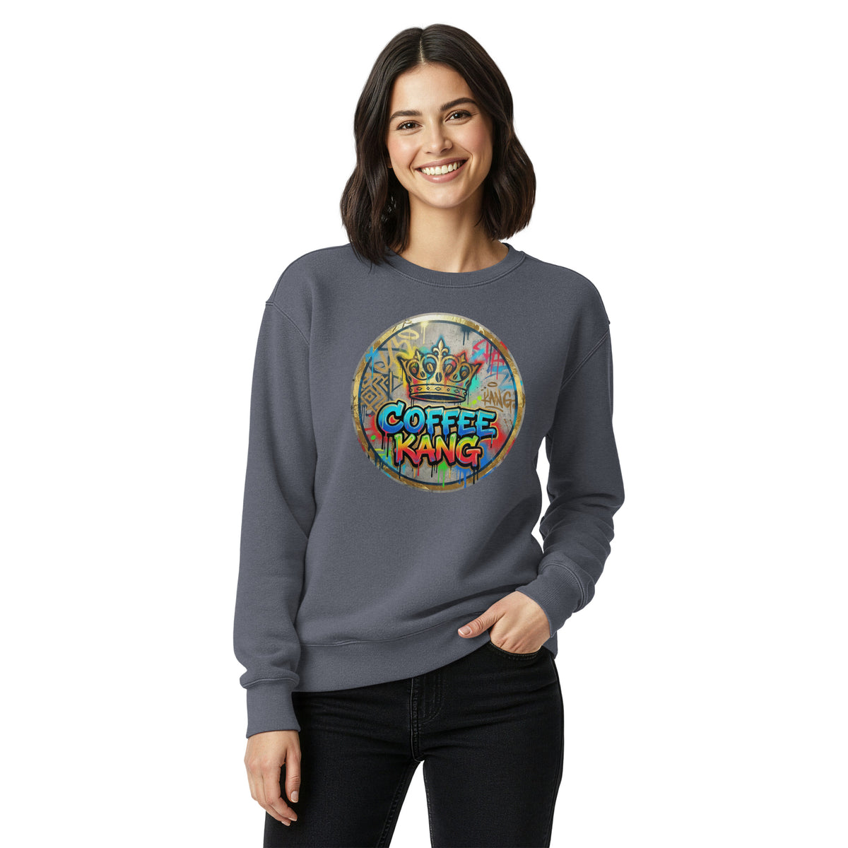 A model wearing a unisex garment-dyed sweatshirt with a colorful &