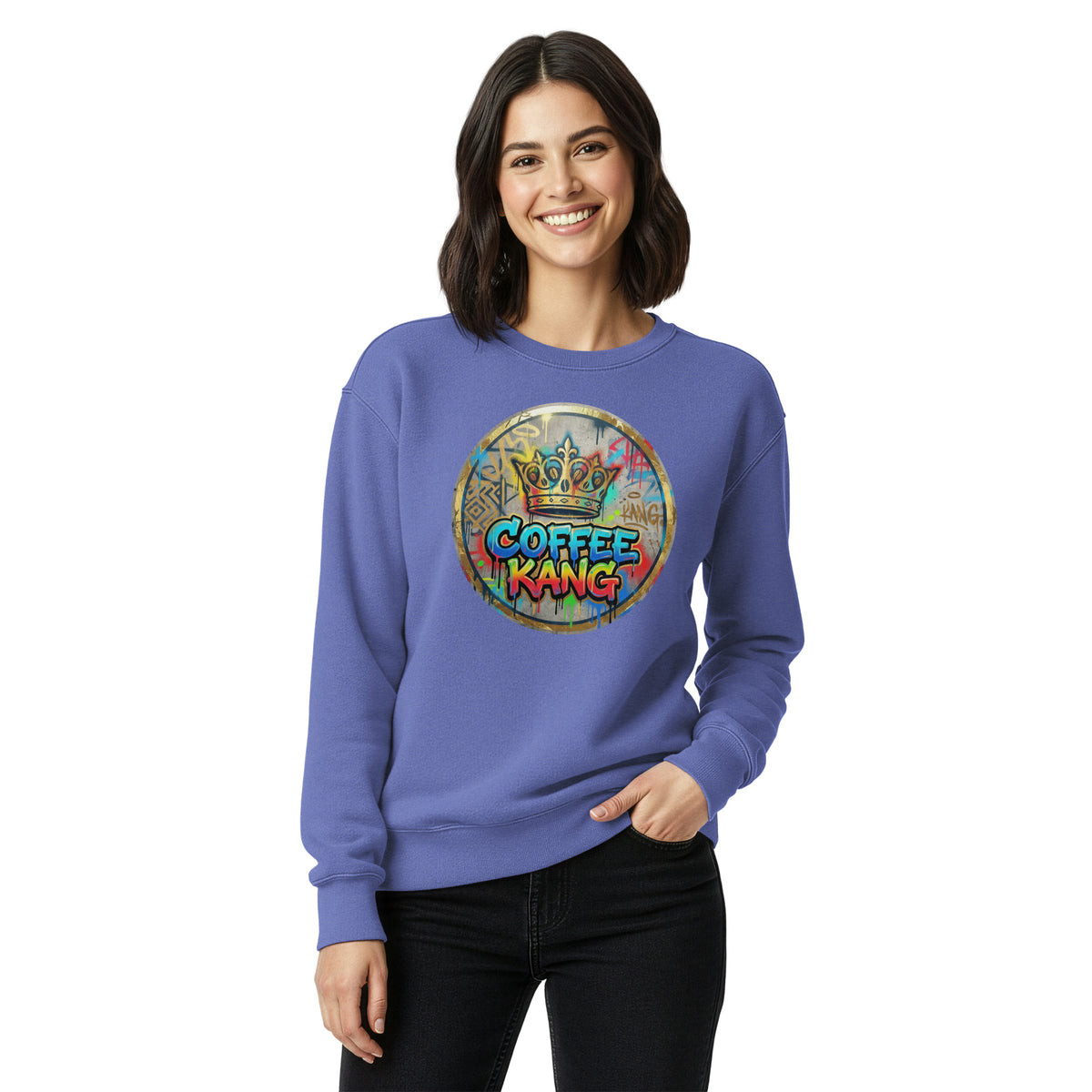 Unisex garment-dyed sweatshirt in purple worn by a smiling woman, featuring a colorful &