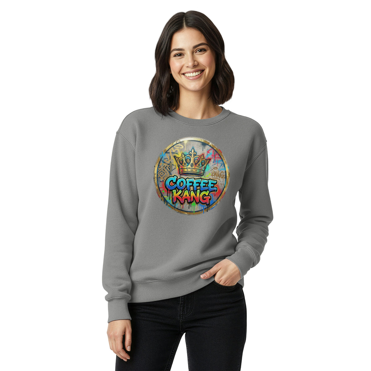 Unisex garment-dyed sweatshirt featuring colorful 'Coffee Kang' graphic design.