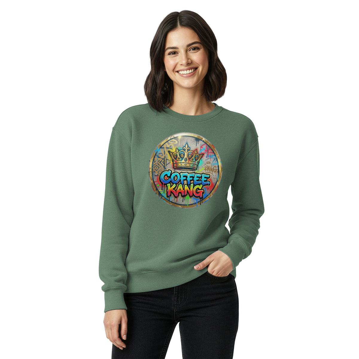 Woman wearing an unisex garment-dyed sweatshirt in green featuring colorful &