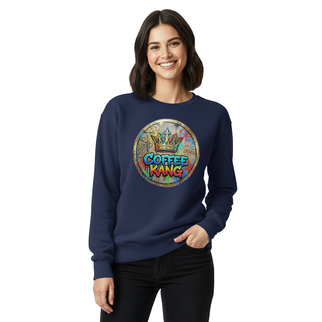 Unisex garment-dyed sweatshirt in navy featuring colorful &