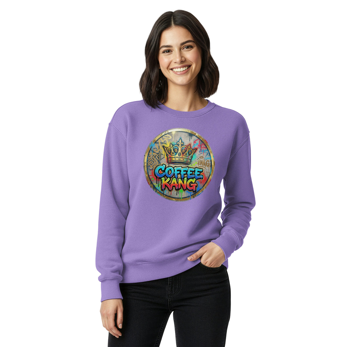 Unisex garment-dyed sweatshirt in purple featuring colorful &