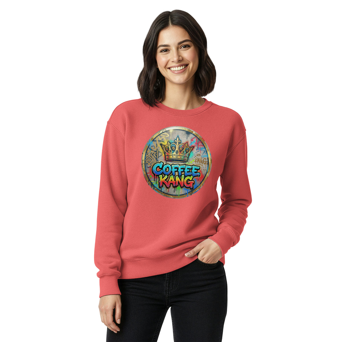 Unisex garment-dyed sweatshirt in coral color featuring a vibrant &