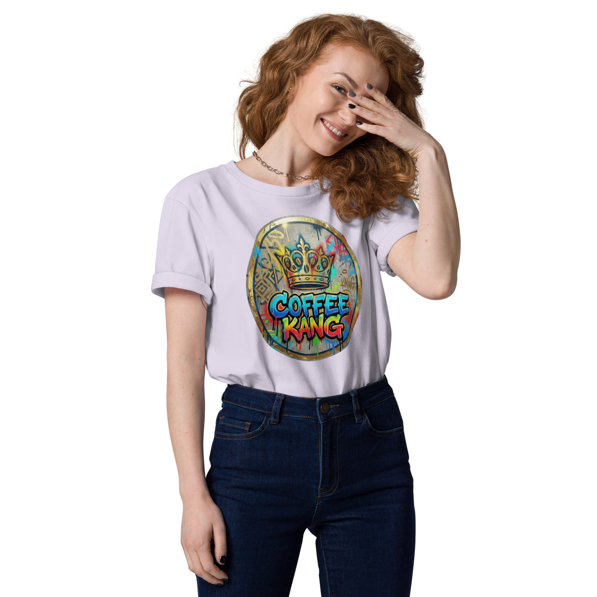 Model wearing a unisex organic cotton t-shirt with a colorful &