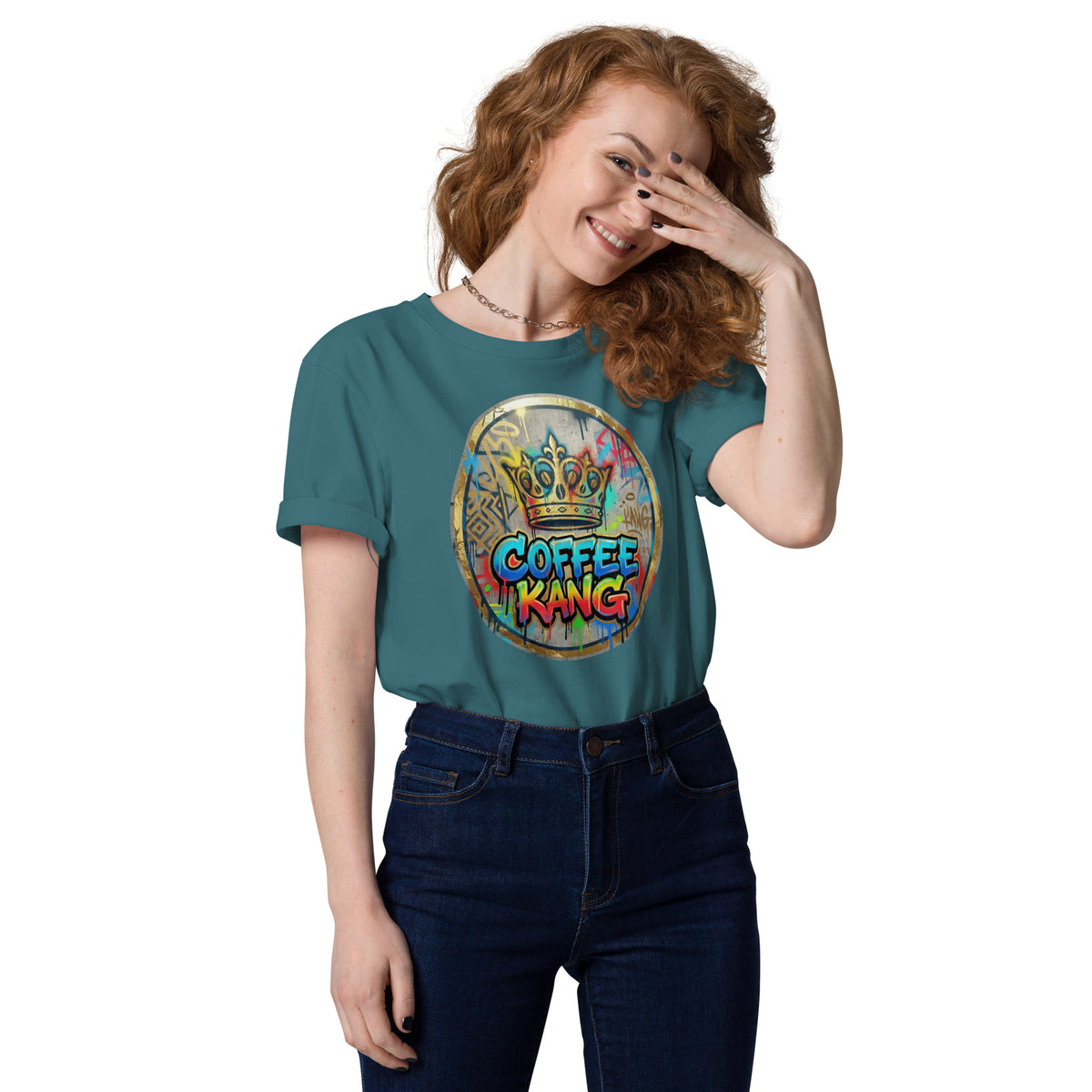 Unisex organic cotton t-shirt featuring colorful "Coffee Kang" design, worn by a smiling model.