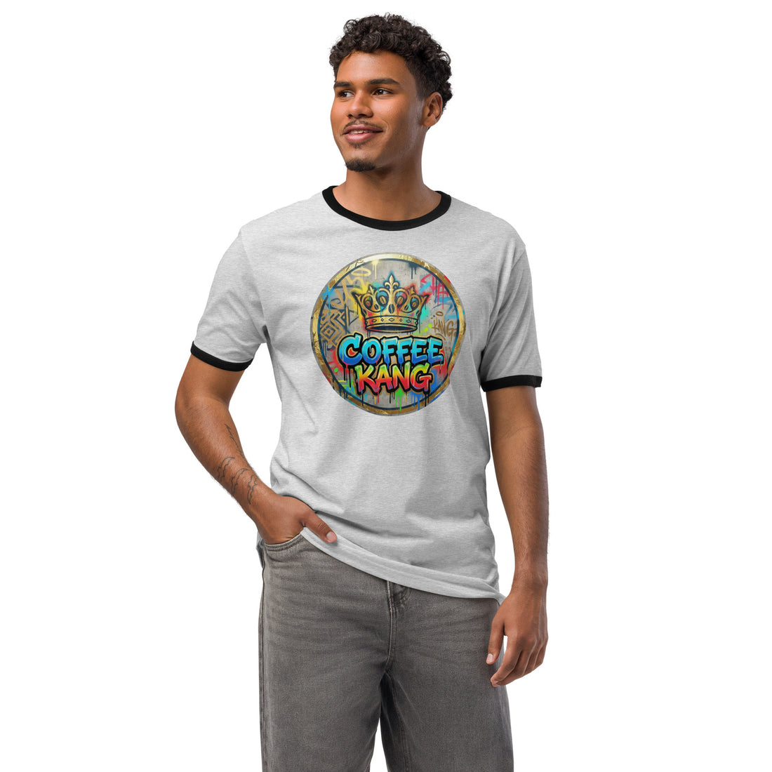 Unisex ringer t-shirt featuring a colorful &
