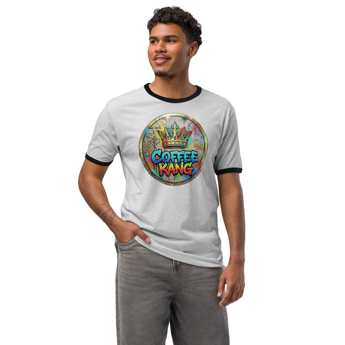 Unisex ringer t-shirt featuring a colorful &