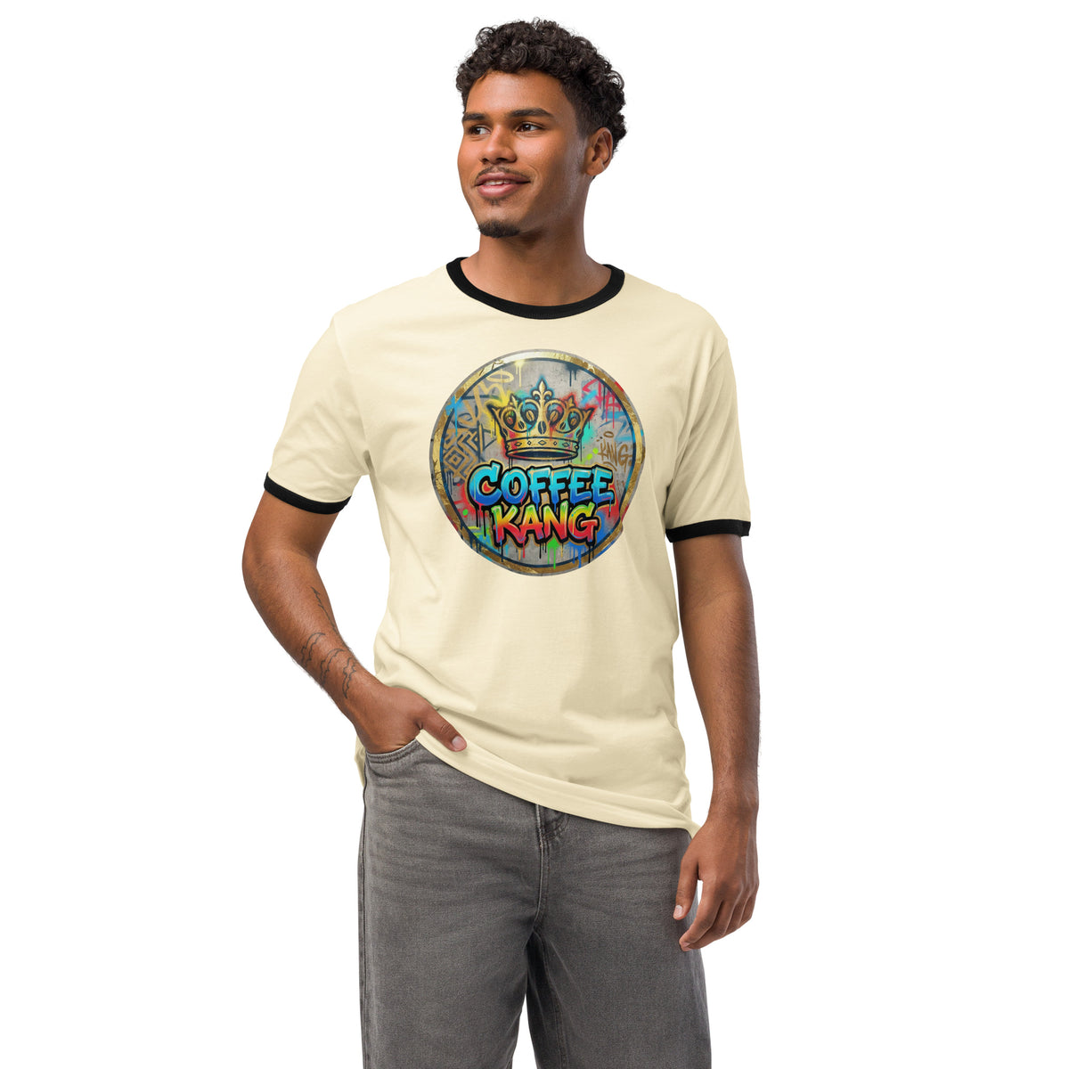 Unisex ringer t-shirt featuring a vibrant 'Coffee Kang' graphic design, perfect for a casual everyday look.