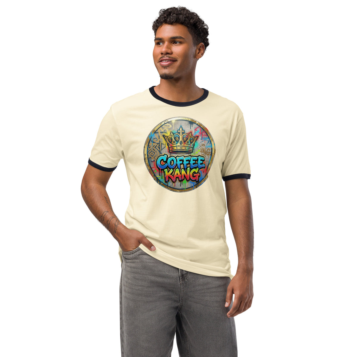 Unisex ringer t-shirt featuring a colorful &