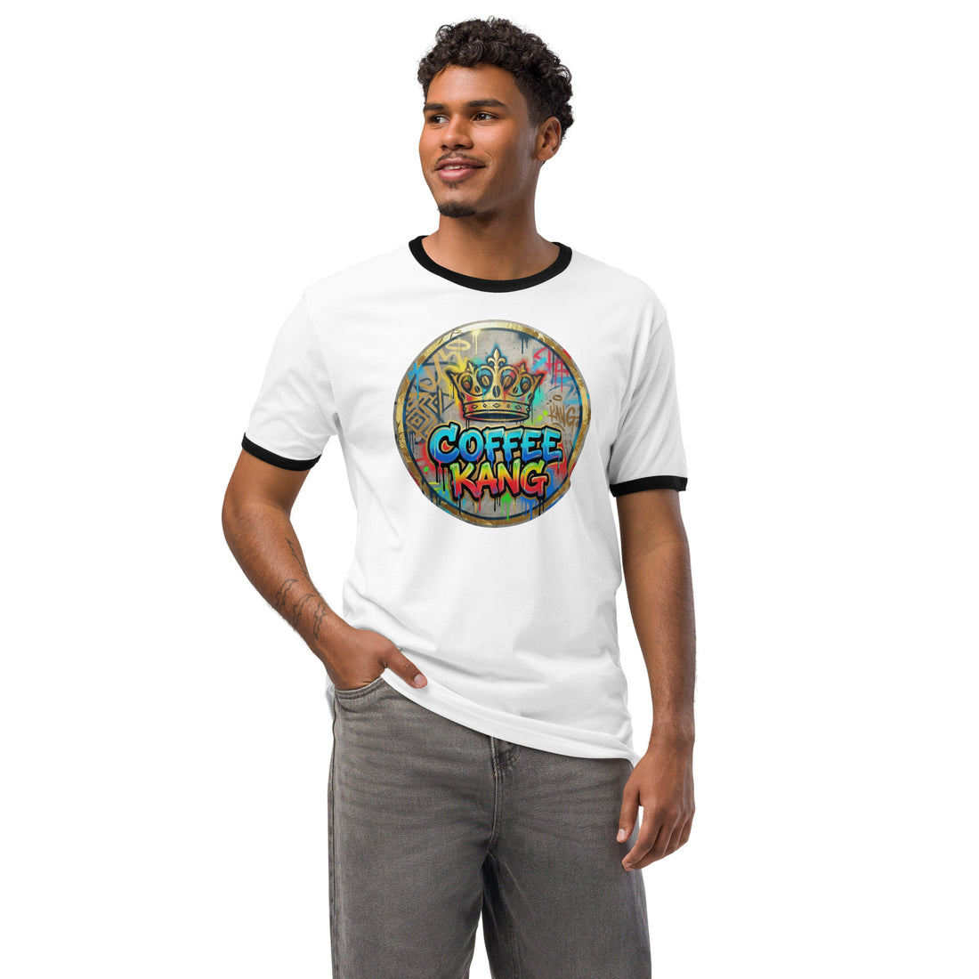 Unisex ringer t-shirt modeled by a man featuring a colorful &