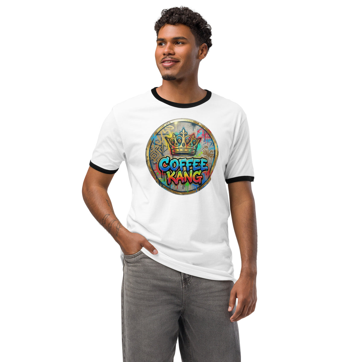 Unisex ringer t-shirt modeled by a man featuring a colorful &