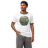 Unisex ringer t-shirt modeled by a man featuring a colorful &