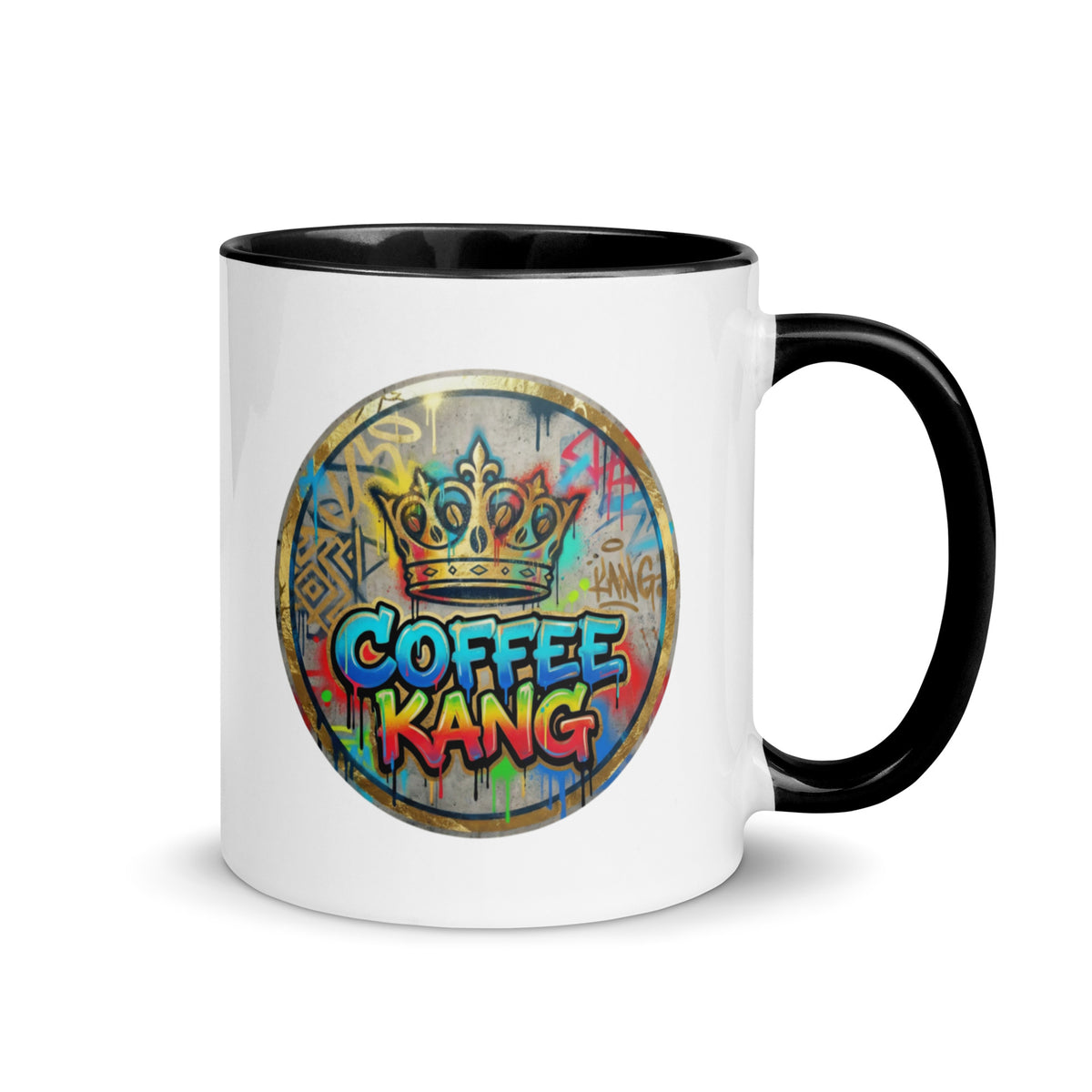 colorful ceramic coffee mug with a crown design and graffiti elements, perfect for coffee lovers