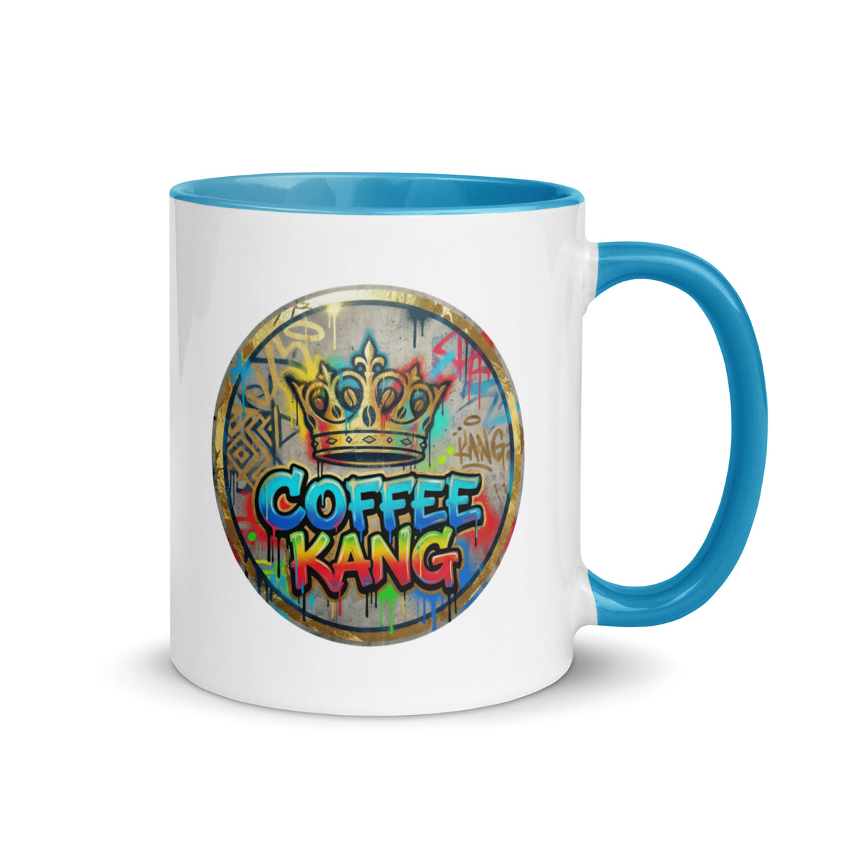 colorful ceramic coffee mug featuring a crown design and vivid graffiti art on a white background with a blue handle.