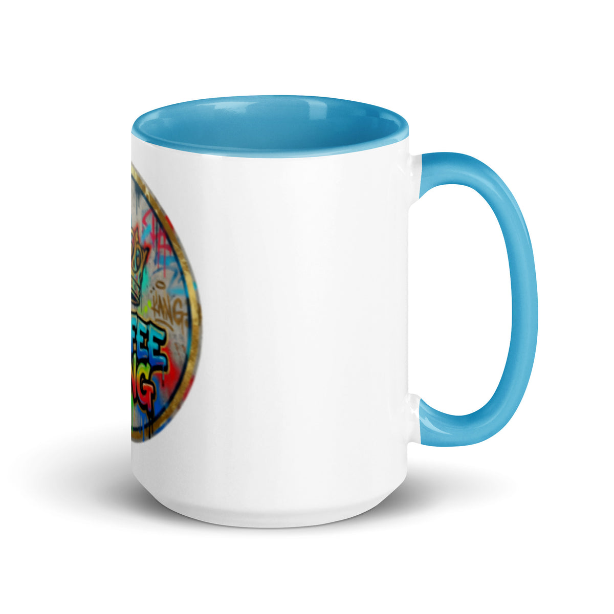 Colorful ceramic coffee mug with a blue rim and handle, featuring a vibrant design, perfect for your coffee or tea.