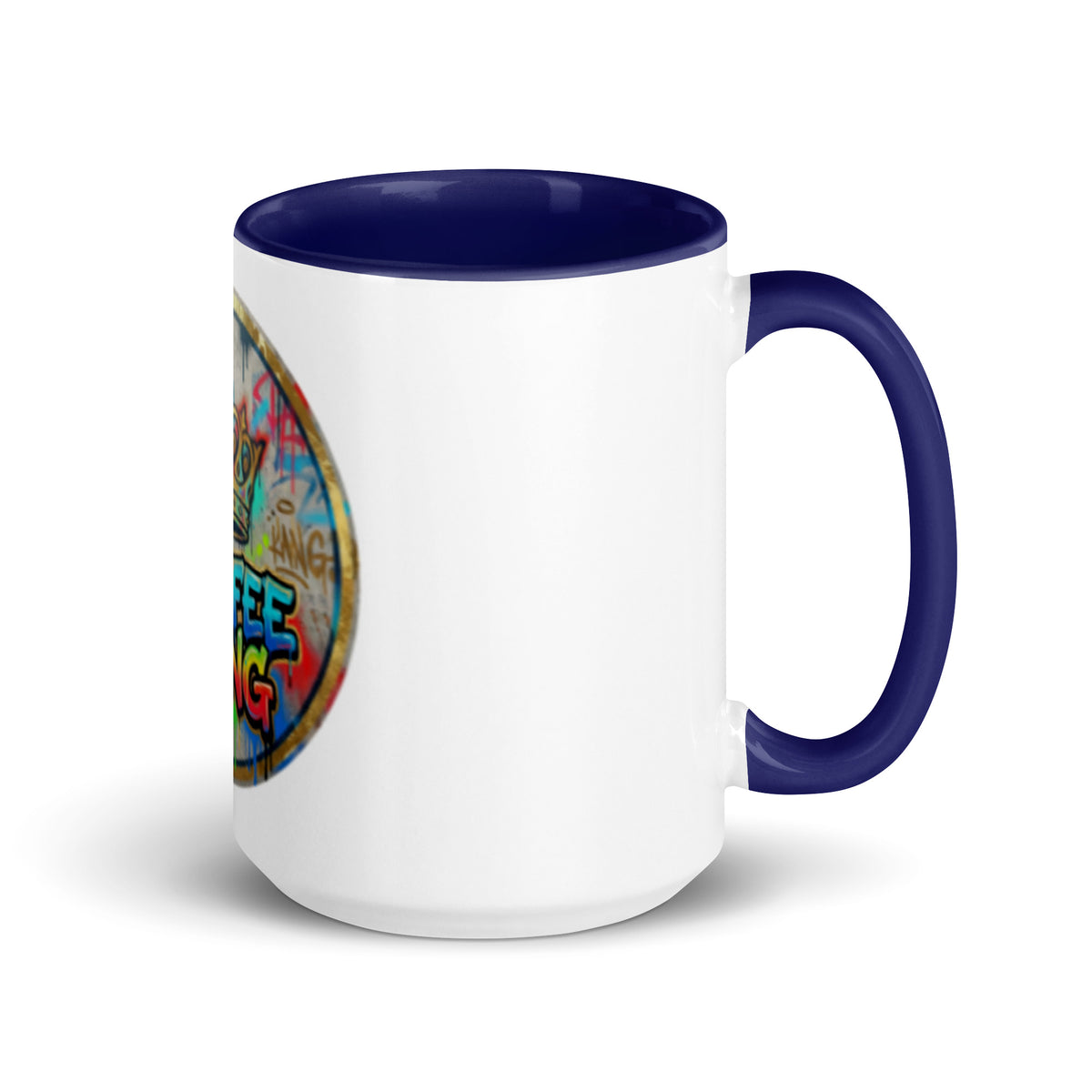 colorful ceramic coffee mug with a colorful design and blue handle and rim, perfect for coffee or tea.