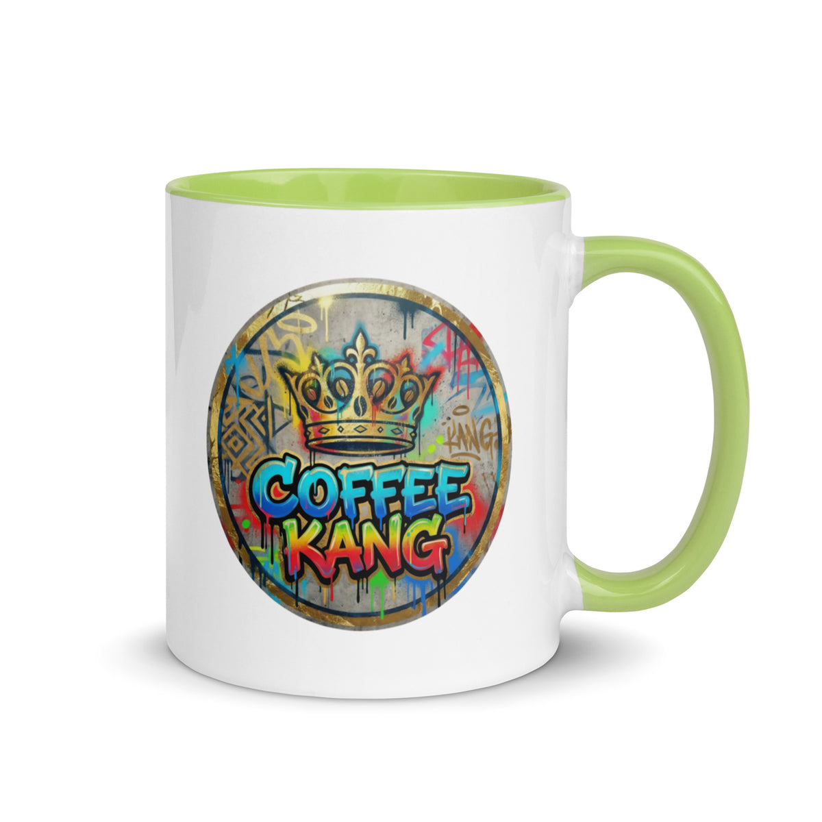 Colorful ceramic coffee mug with green rim and handle featuring &