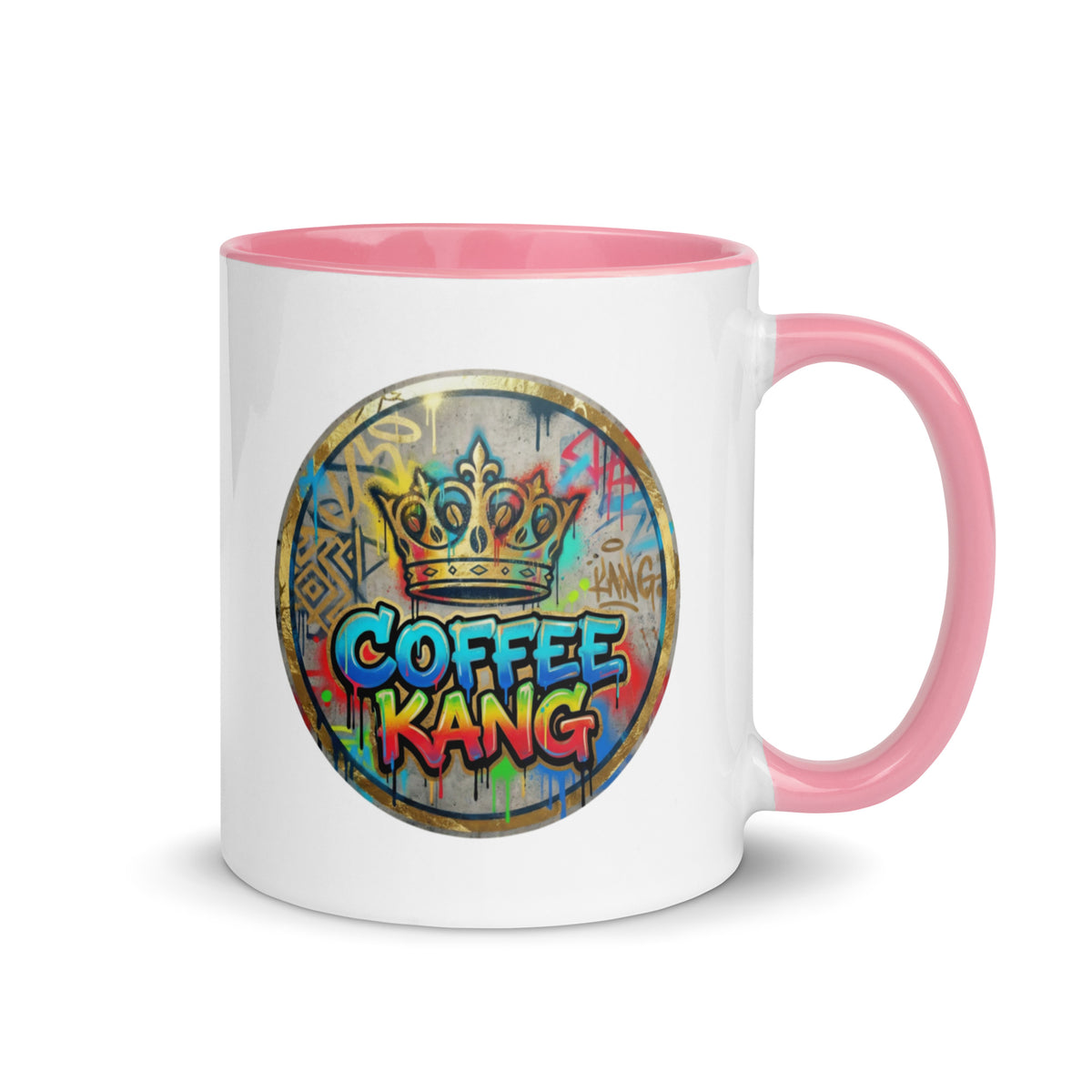colorful ceramic coffee mug with pink rim and handle featuring a graffiti-style design with the words Coffee Kang and a crown