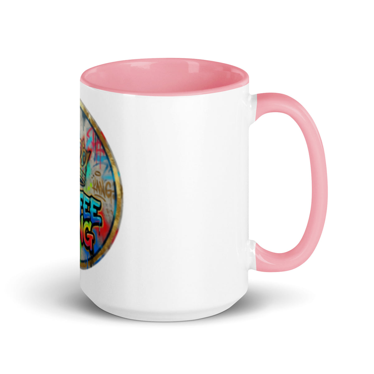 colorful ceramic coffee mug with a pink handle and rim, featuring a vibrant design for a cheerful coffee experience.