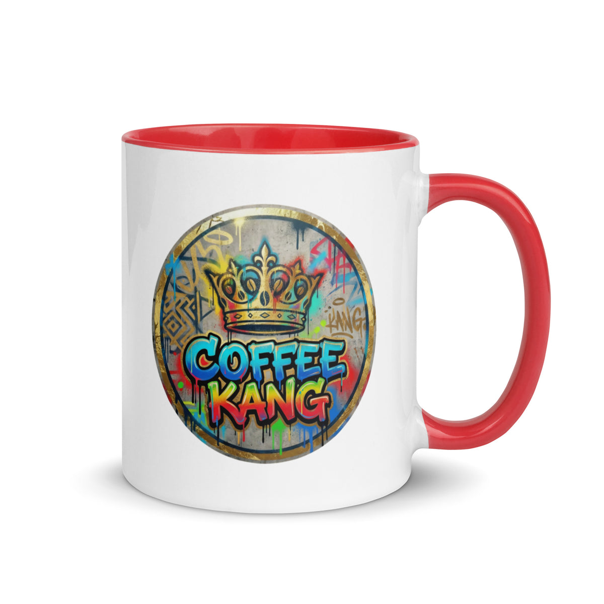 colorful ceramic coffee mug with red handle and crown design featuring the text "COFFEE KANG" on a colorful background.