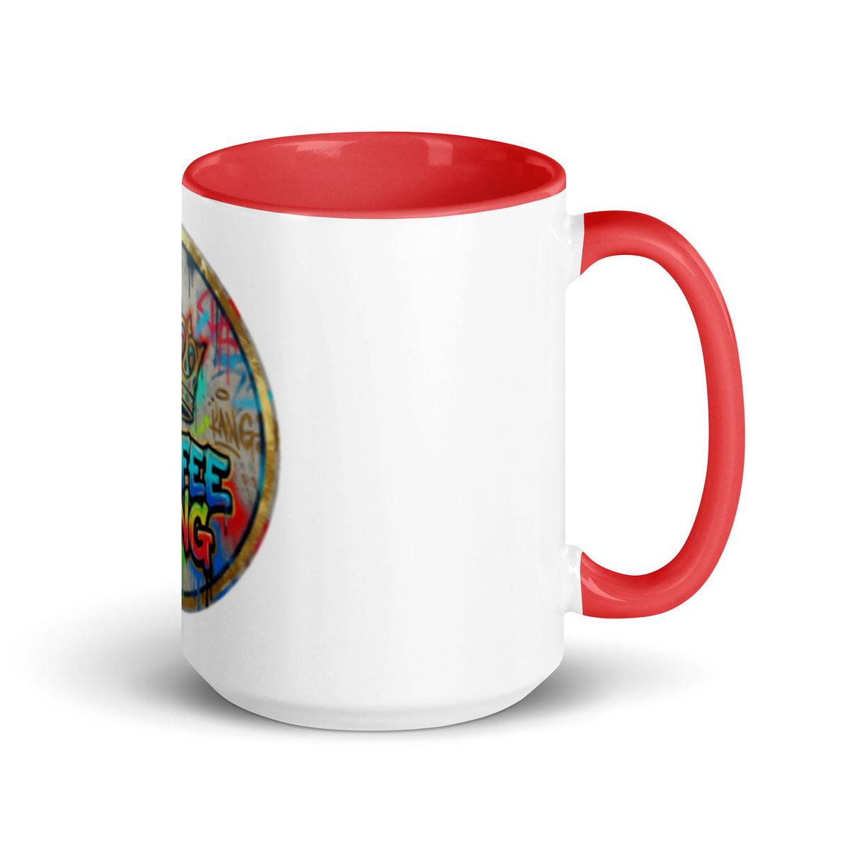 colorful ceramic coffee mug with a red handle and colorful graffiti design.