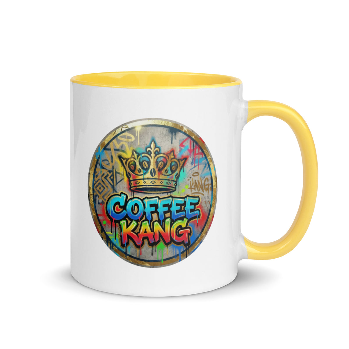 colorful ceramic coffee mug with a crown design and yellow rim, perfect for coffee lovers.