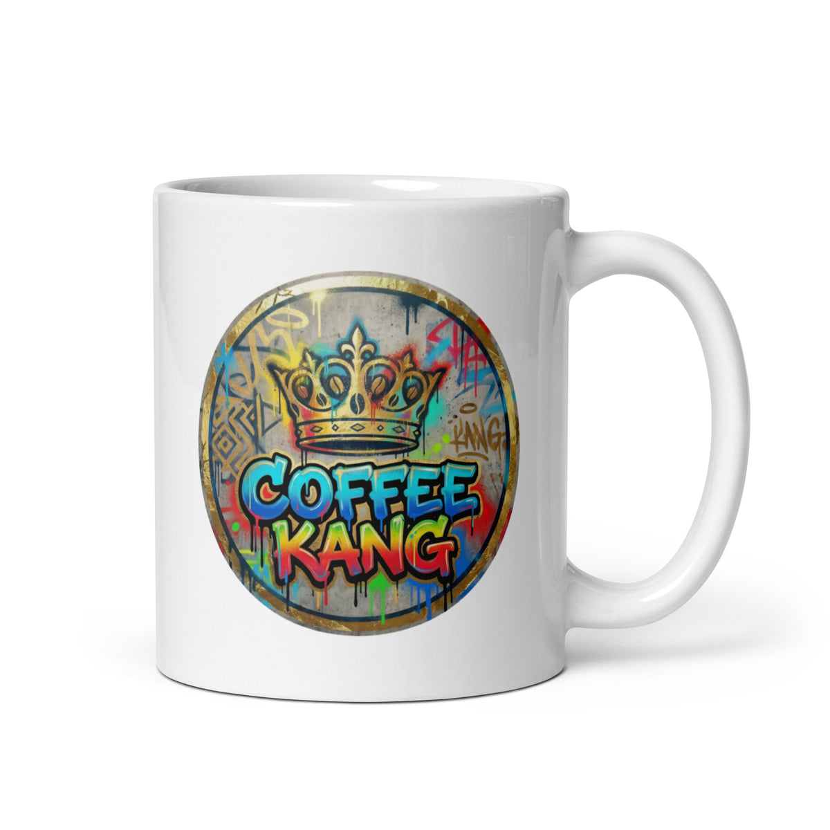 White glossy ceramic mug featuring &