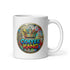 White glossy ceramic mug featuring &