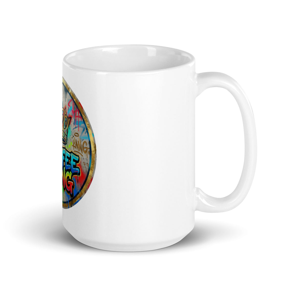 White glossy ceramic mug featuring vibrant graffiti art design, perfect for coffee or tea.