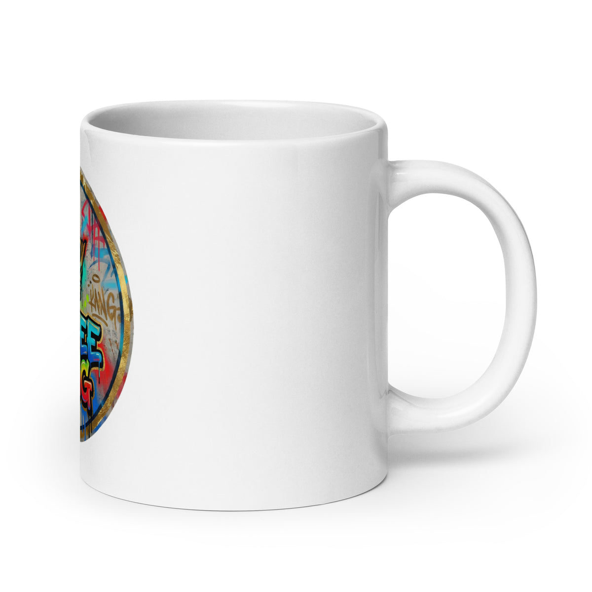 White glossy ceramic mug featuring vibrant graffiti print design.
