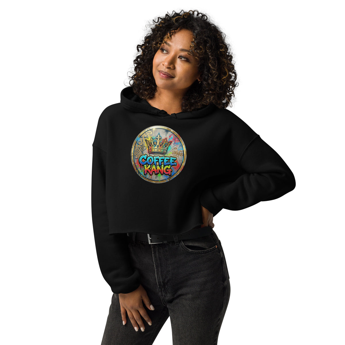 Woman wearing a crop hoodie fashion with a colorful Coffee Kang design on a black background.