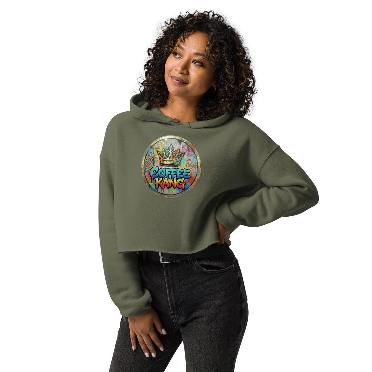Model wearing a crop hoodie fashion with graphic design, showcasing a trendy style.
