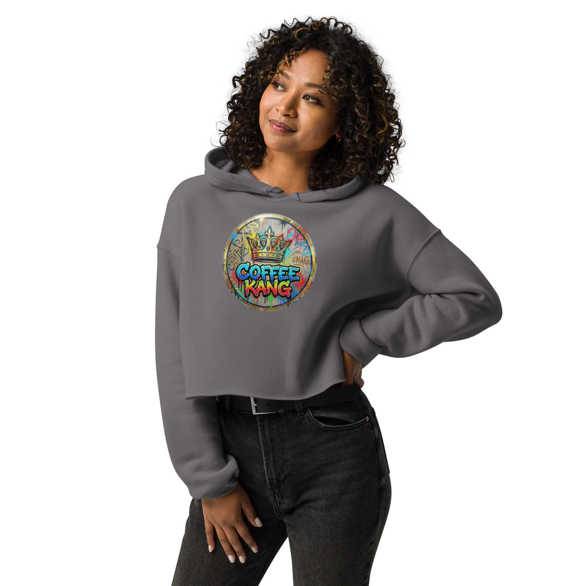 Woman wearing a grey crop hoodie fashion with a colorful Coffee King graphic design.